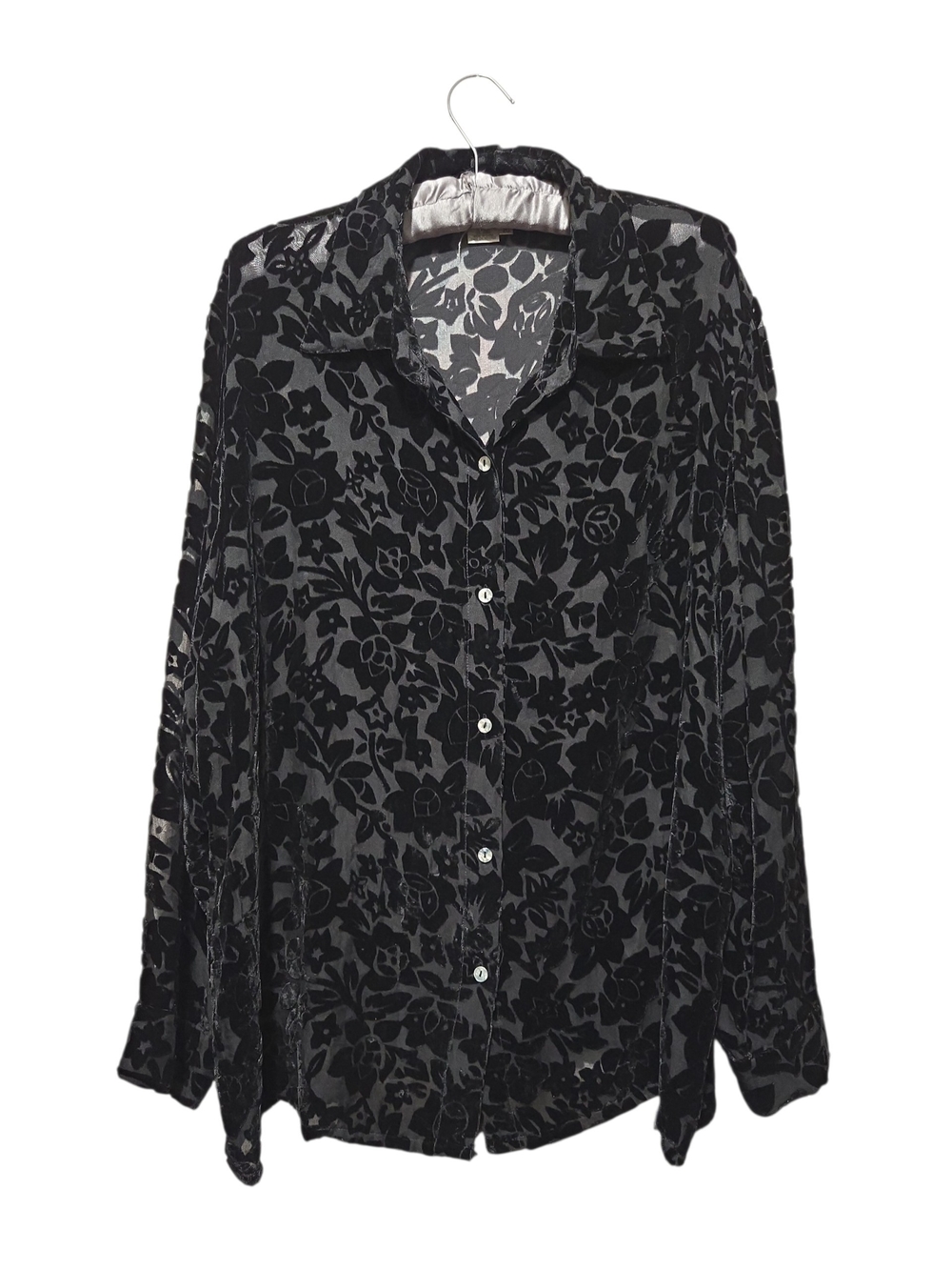 Suchada Black Floral Burn Out Silk Velvet Button-Up Shirt Ladies Plus Size 20